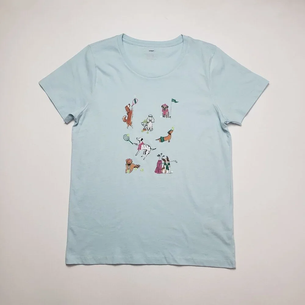 J.Crew Factory Sporty Dogs Graphic Tee Women Medium Light Blue SS Collectors Tee - Picture 1 of 16